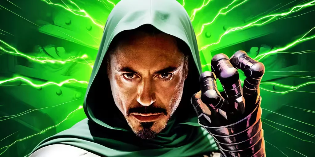 A man with a focused expression wearing a green hood and a metal glove, with green energy beams in the background.