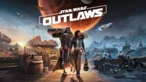 A dynamic scene from 'Star Wars Outlaws' featuring two characters, one carrying a pet, walking on a futuristic platform with a scenic background of rocky landscapes and glowing buildings. Above them, the title 'Star Wars Outlaws' is prominently displayed.