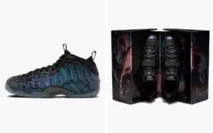 Left: A side view of a dark iridescent sneaker with a crocodile-like texture and black laces. Right: The same sneakers in a custom box featuring artwork with a dark theme.