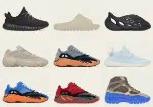 A grid of nine different styles of sneakers and sandals, featuring various designs and color combinations such as black, beige, blue, orange, red, and brown. The footwear includes low-top and high-top sneakers, along with distinctive slide and foam designs.