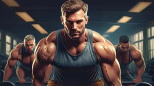 Three muscular men working out in a gym, with the central figure in the foreground lifting weights, highlighted by dramatic lighting.