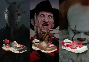Three horror-themed Crocs designs featuring elements inspired by iconic horror movie characters. On the left, a pair of Crocs with a black and white splatter pattern with red accents is shown in front of a masked figure. In the center, another pair with green and red stripes, styled with a claw motif, is displayed with a figure having a scarred face and hat. On the right, Crocs with red and white accents, adorned with pom-poms, are pictured in front of a clown with distinctive makeup.