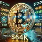 DALL·E 2024 08 26 17.39.01 A photo realistic image depicting Bitcoin passing 64k showing a Bitcoin coin prominently displayed in a unique style. This version should have a dar