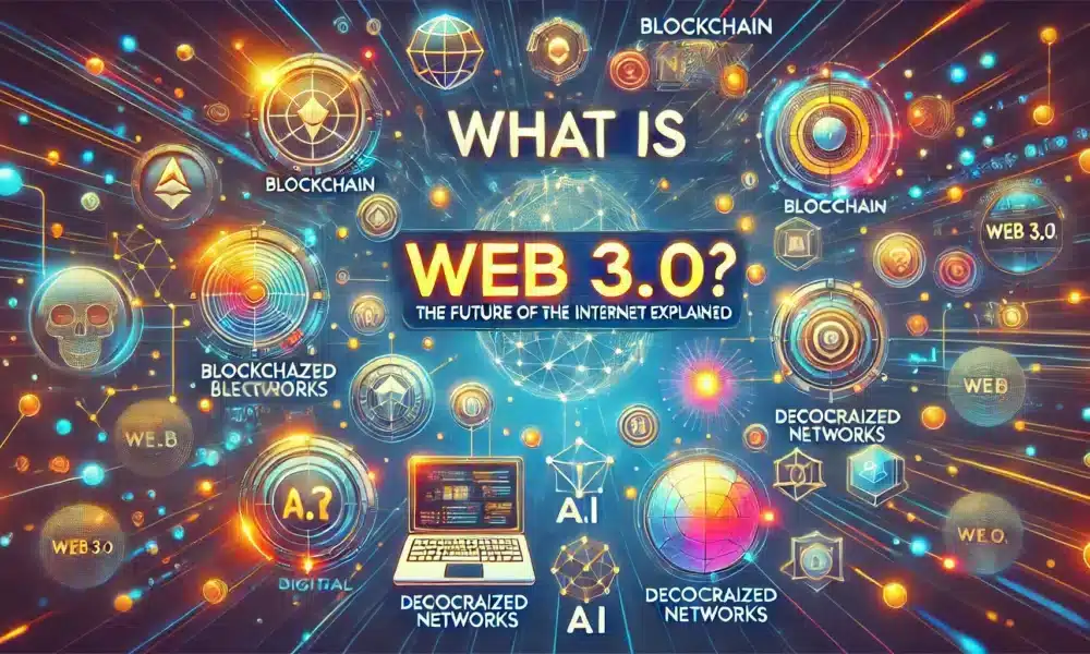 DALL·E 2024 08 01 10.07.57 A photo realistic image titled What is Web 3.0  The Future of the Internet Explained. Depict elements representing Web 3.0 such as blockchain dece