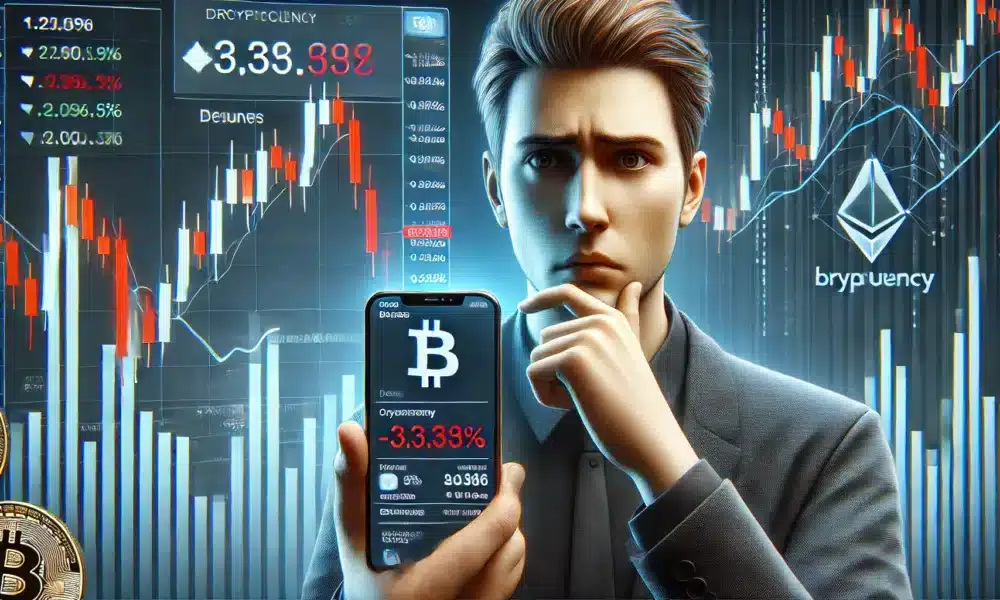 DALL·E 2024 08 05 17.06.42 A photo realistic image of a person looking at a smartphone with cryptocurrency market data showing a significant crash. The person appears anxious w