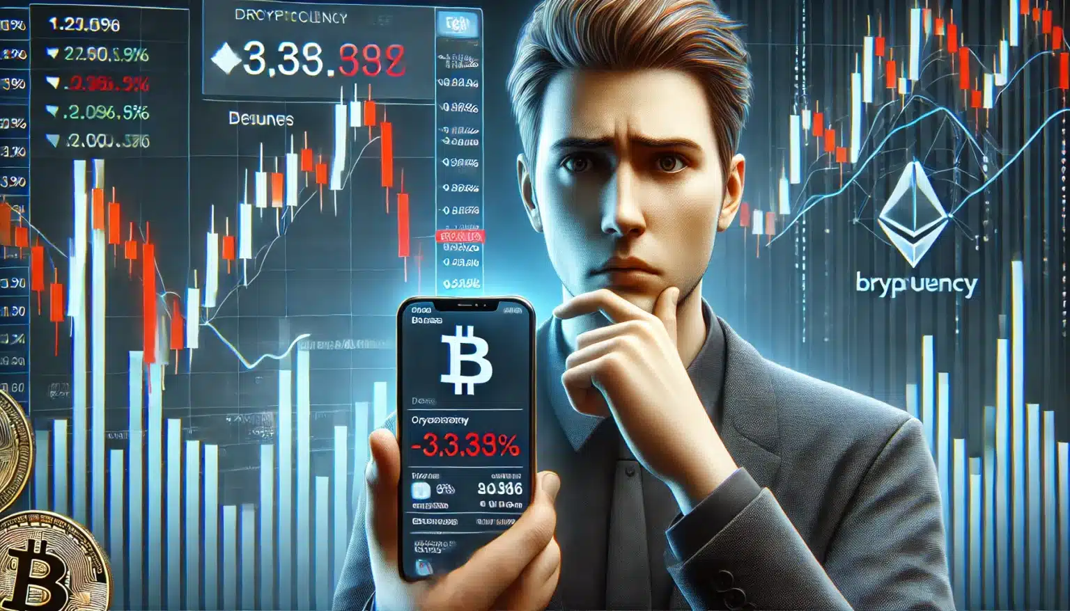 A person holding a smartphone displaying a Bitcoin logo and a price drop of 3.39%, with a background of fluctuating cryptocurrency charts.