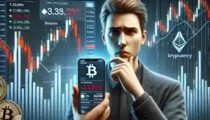 A person holding a smartphone displaying a Bitcoin logo and a price drop of 3.39%, with a background of fluctuating cryptocurrency charts.