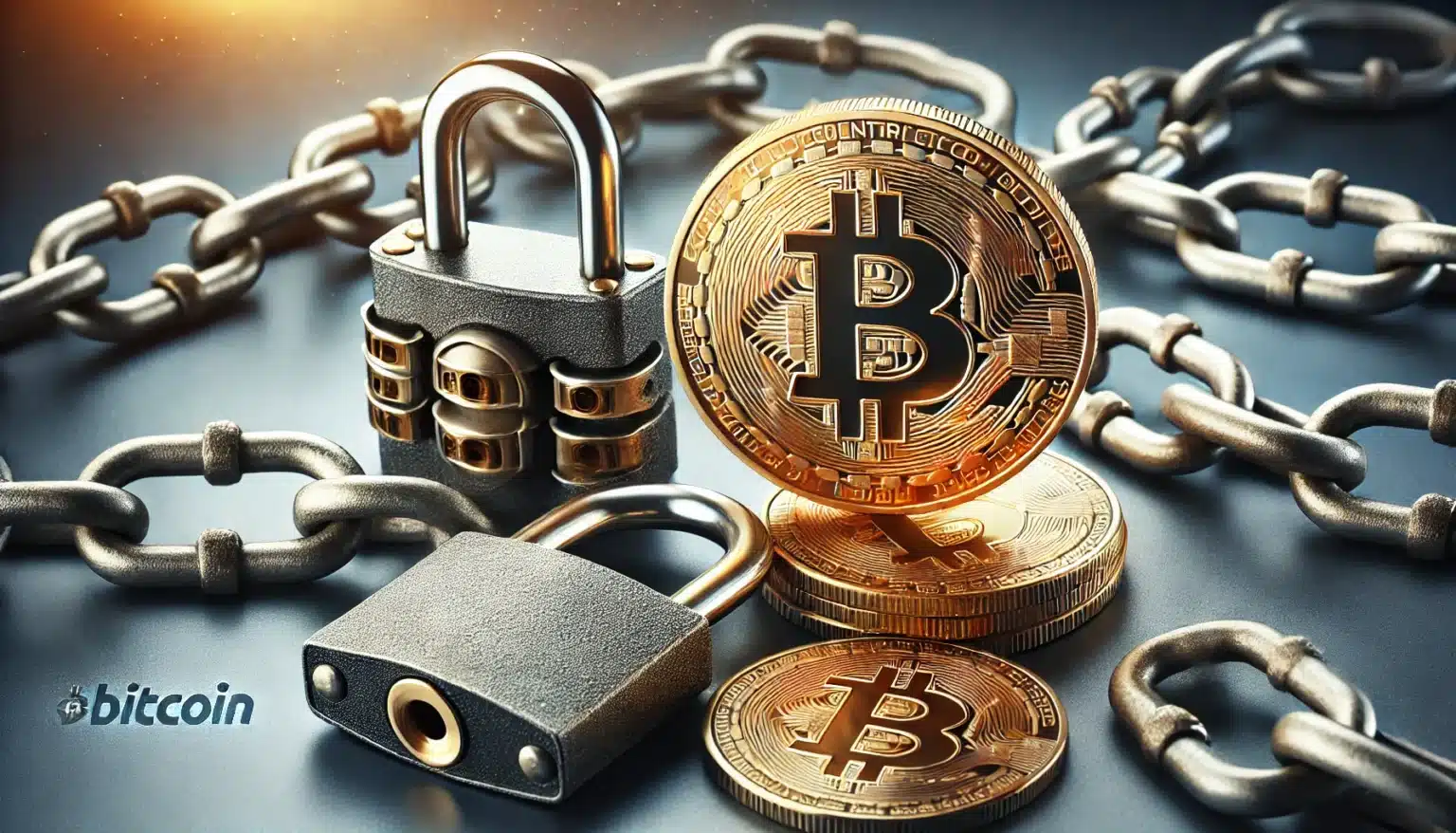 A digital illustration of a gold Bitcoin symbol on coins surrounded by linked metal chains and a padlock, symbolizing cryptocurrency security.