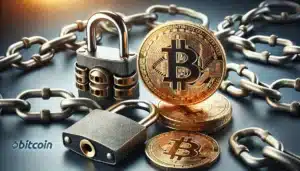 A digital illustration of a gold Bitcoin symbol on coins surrounded by linked metal chains and a padlock, symbolizing cryptocurrency security.