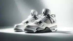 Pair of white and gray athletic sneakers with a black logo on the tongue and a speckled gray midsole, set against a light gray background.