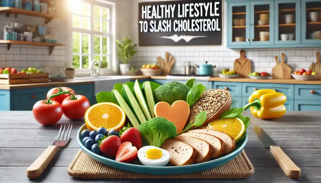 DALL·E 2024 08 19 12.50.01 A photo realistic image depicting a healthy lifestyle to slash cholesterol. Show a balanced meal with fresh fruits vegetables whole grains and lean