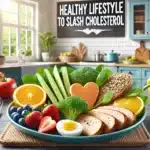 DALL·E 2024 08 19 12.50.01 A photo realistic image depicting a healthy lifestyle to slash cholesterol. Show a balanced meal with fresh fruits vegetables whole grains and lean