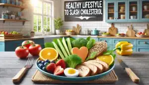 DALL·E 2024 08 19 12.50.01 A photo realistic image depicting a healthy lifestyle to slash cholesterol. Show a balanced meal with fresh fruits vegetables whole grains and lean