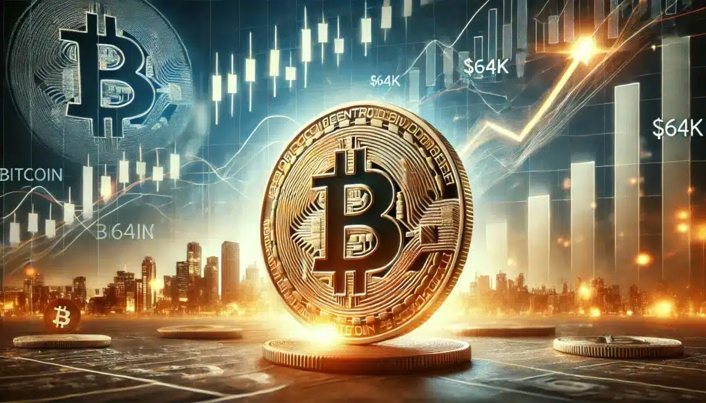 A digital art depiction of Bitcoin with a large Bitcoin coin in the foreground, cryptocurrency symbols, and graphs indicating price trends at K in the background, set against a city skyline.