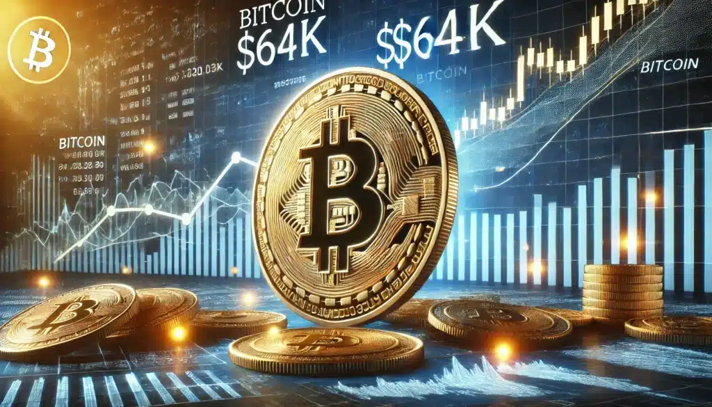 Digital artwork of Bitcoin coins with financial charts and the value K displayed in the background.