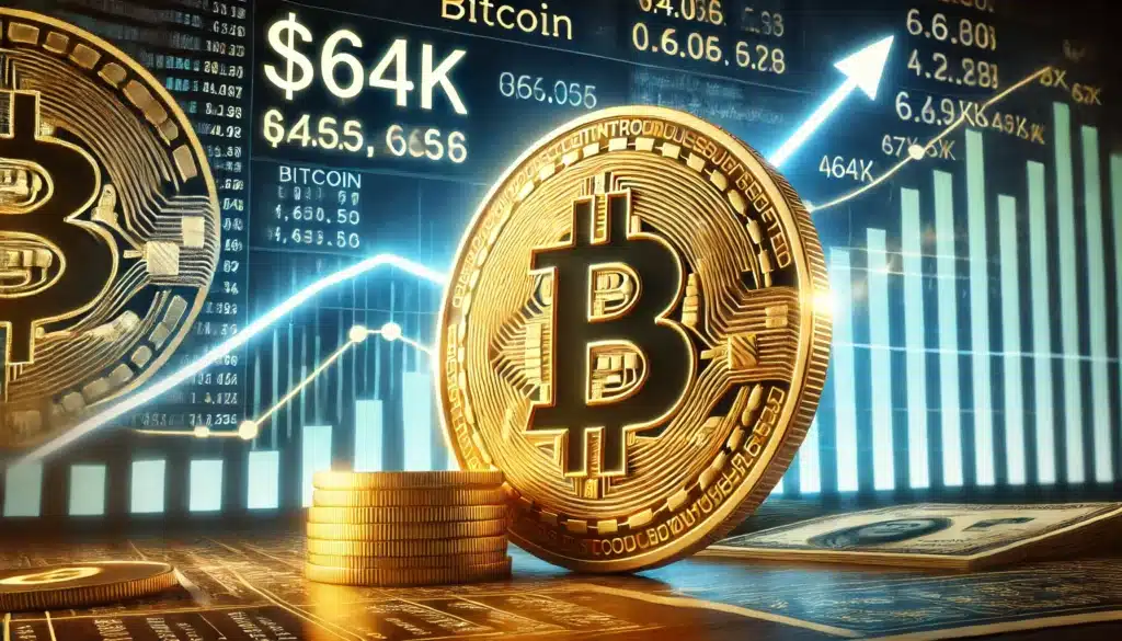 A large Bitcoin symbol on top of a coin, surrounded by stacked coins, in front of a digital screen displaying financial data, a K price, and upward trending graphs indicating Bitcoin's market value increase.
