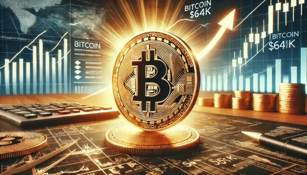 A large, glowing Bitcoin symbol set against a financial background featuring rising bar graphs, a world map, and the price