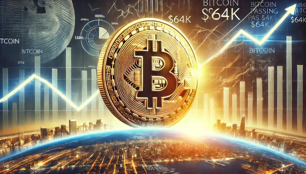 A large Bitcoin symbol in the foreground with a city skyline below and rising financial graphs indicating Bitcoin's value reaching K in the background, illuminated by a glowing light.