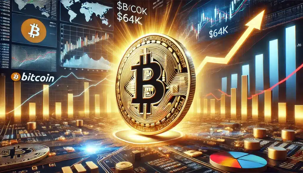 A large Bitcoin symbol at the center of a digital financial scene, surrounded by ascending graphs, charts, and the Bitcoin logo, indicating a high value of K.