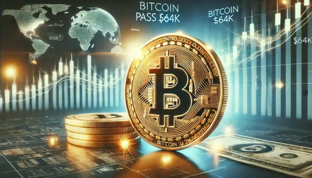 A digital illustration of a large Bitcoin coin and stacked coins in the foreground, with a financial chart and world map in the background. The text