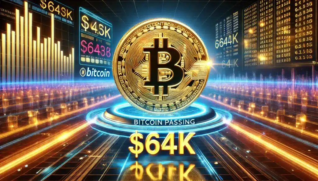 A digital illustration of a large Bitcoin symbol in the center, surrounded by futuristic elements and glowing graphics, indicating Bitcoin's value surpassing K, with various financial data and charts in the background.