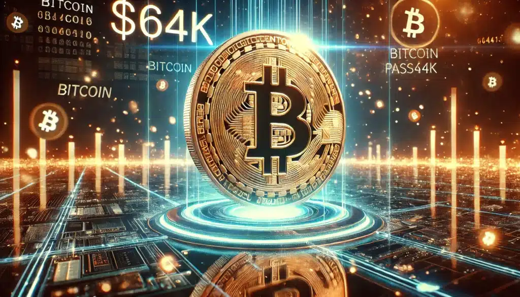 A digital artwork depicting a large Bitcoin symbol on a coin standing on a technologically advanced platform, with glowing charts and the price
