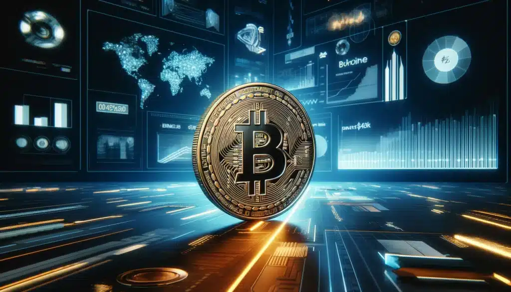 A digital illustration of a Bitcoin coin prominently displayed against a futuristic backdrop featuring digital charts, graphs, and a world map, symbolizing cryptocurrency trading data and analysis.