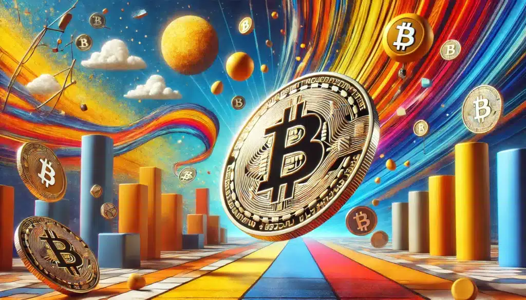 A surreal scene featuring a large Bitcoin symbol in the center surrounded by colorful abstract elements, including planets, clouds, and bar graphs, set against a vibrant swirling background.