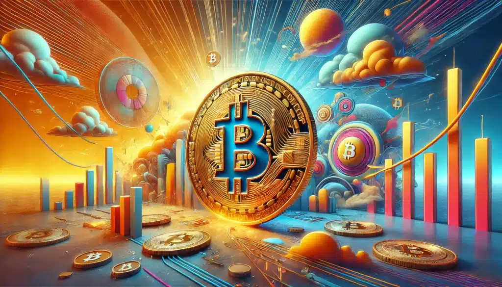 A digital art illustration depicting a large Bitcoin symbol set against a vibrant, futuristic landscape with abstract 3D chart elements, coins, clouds, and planetary forms in vivid colors of blue, orange, and gold.
