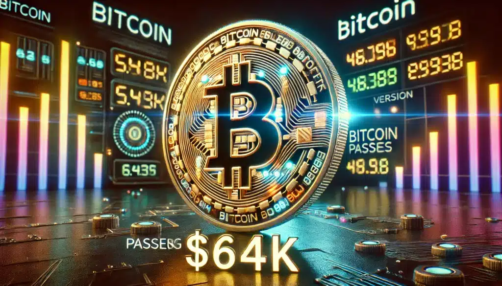 A stylized digital rendering of a Bitcoin symbol in the center, surrounded by colorful digital graphs and numbers, with a prominent display reading '$64K'.