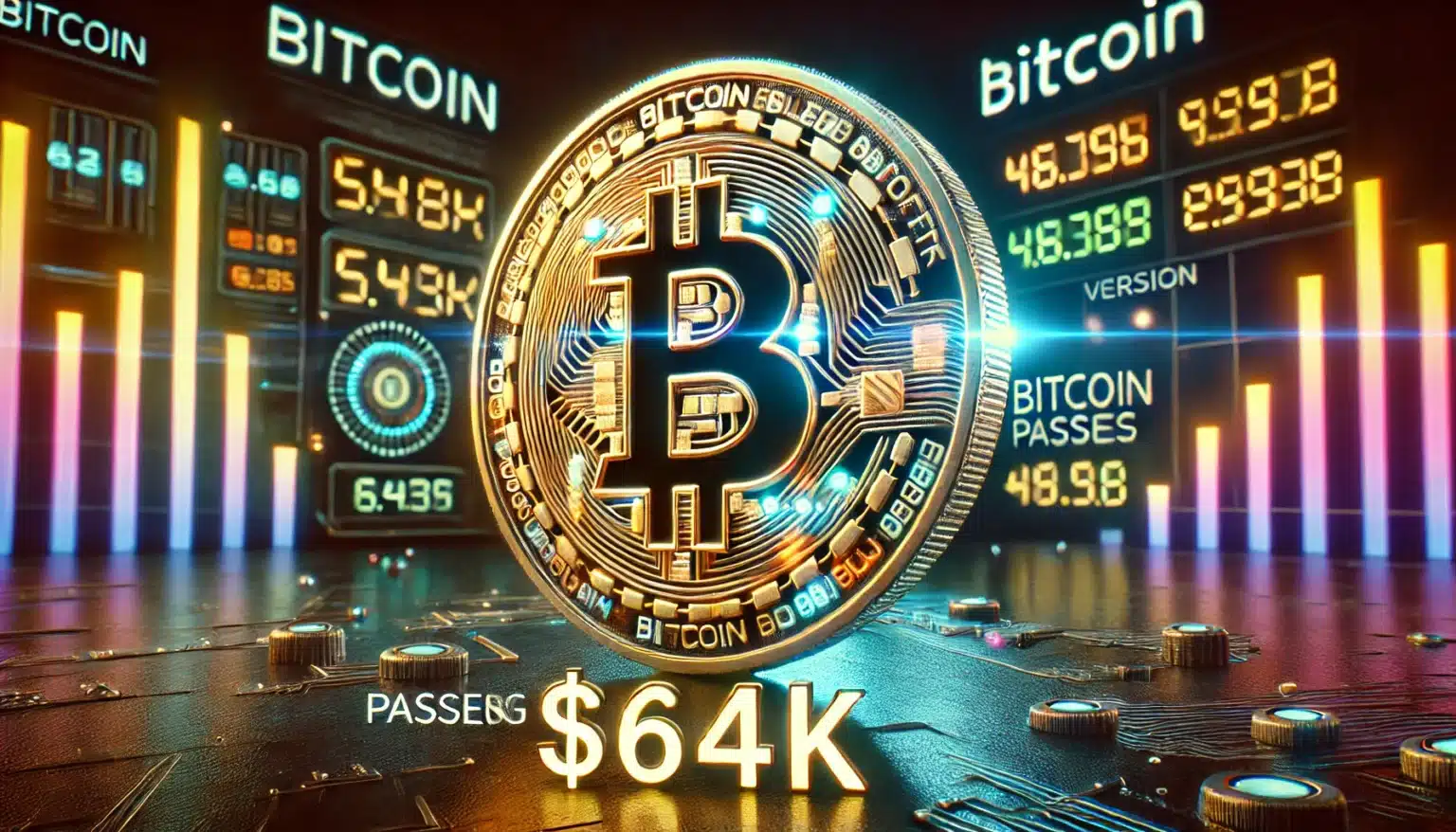 A stylized digital rendering of a Bitcoin symbol in the center, surrounded by colorful digital graphs and numbers, with a prominent display reading '$64K'.