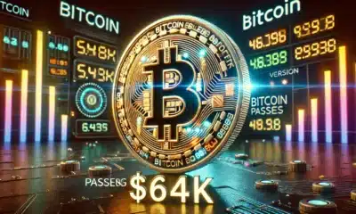 DALL·E 2024 08 26 17.39.01 A photo realistic image depicting Bitcoin passing 64k showing a Bitcoin coin prominently displayed in a unique style. This version should have a dar