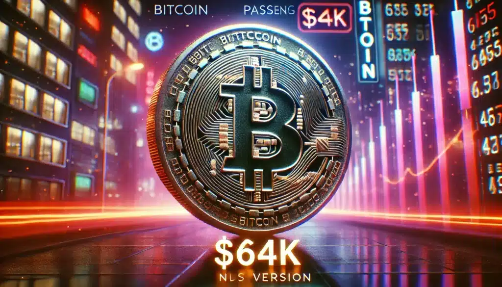 A digital representation of a Bitcoin coin, featuring the Bitcoin symbol, is displayed against a futuristic cityscape with illuminated buildings and graphs, with a label reading 'K NLS Version.'