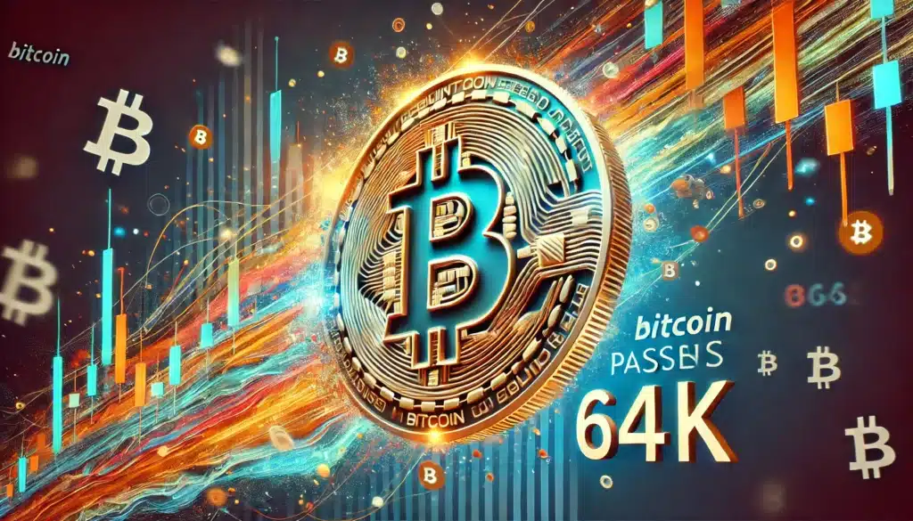 A dynamic digital artwork featuring a large Bitcoin logo in the center, surrounded by colorful financial graphs, indicating Bitcoin's value surpassing 64K, with energetic lines and symbols representing cryptocurrency trading.