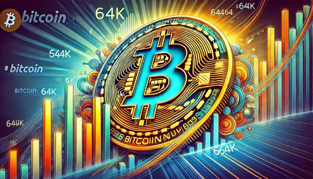 A stylized illustration featuring a large Bitcoin symbol in the center surrounded by colorful bar graphs, with numbers like