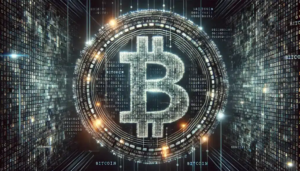 A digital representation of a Bitcoin symbol surrounded by circuitry and binary code, creating a futuristic and technological atmosphere.