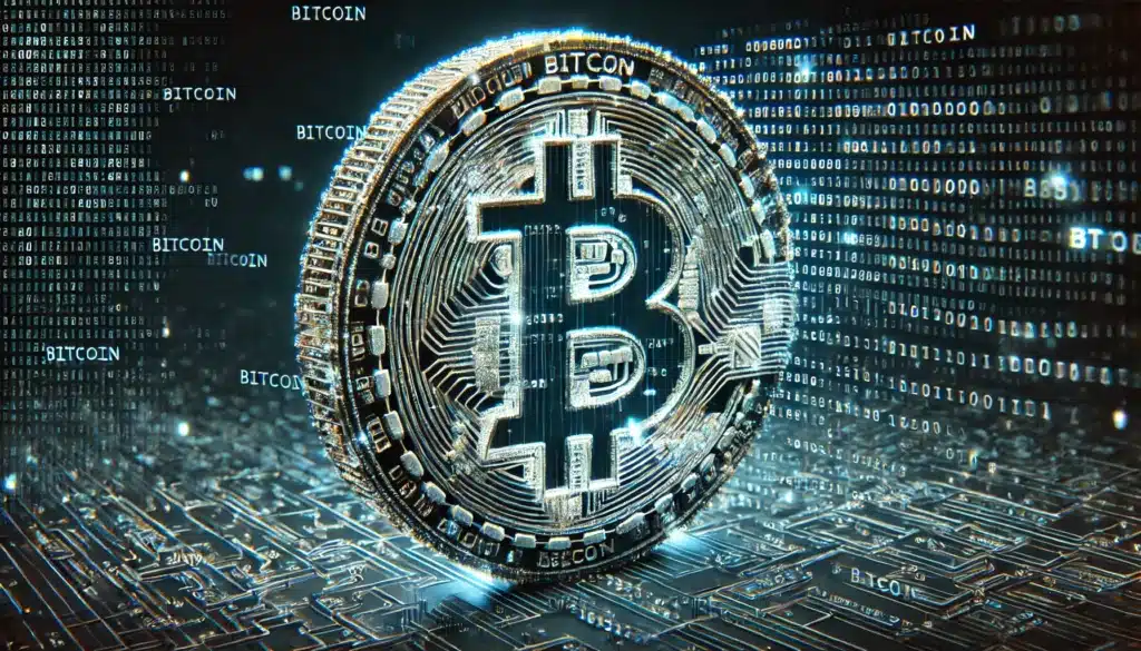 A digital representation of a Bitcoin coin surrounded by binary code and the word