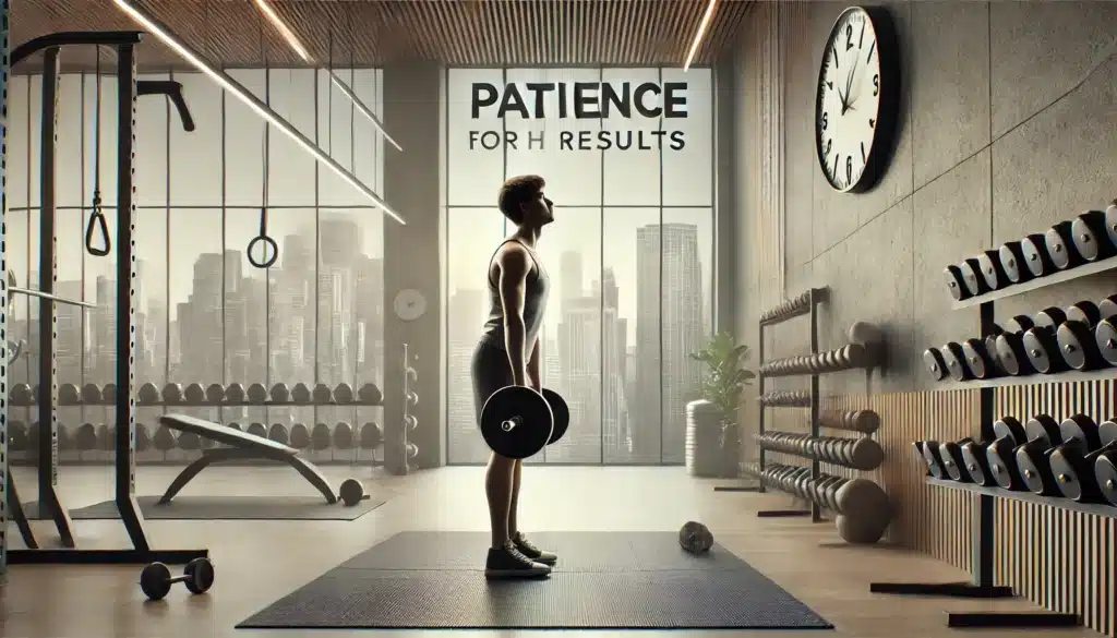 A person lifting weights in a modern gym with a wooden ceiling and large windows showing a cityscape. The wall has a large clock and motivational text reading 'Patience for results.'"