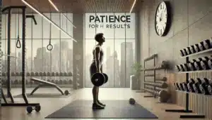 A person lifting weights in a modern gym with a wooden ceiling and large windows showing a cityscape. The wall has a large clock and motivational text reading 'Patience for results.'"