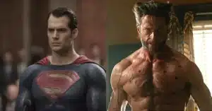 A split image showing two fictional characters: on the left, a man in a blue suit with a red cape and a large "S" emblem on his chest; on the right, a muscular, shirtless man with distinctive facial hair and an intense expression.