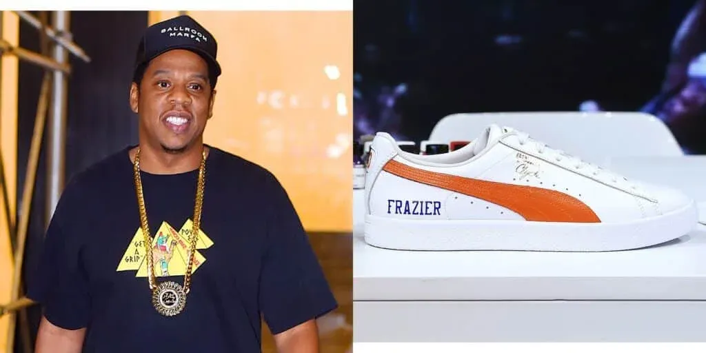 A composite image featuring a man wearing a black cap and T-shirt with a chain necklace on the left, and a white and orange Puma sneaker with the name 'FRAZIER' on the side on the right.