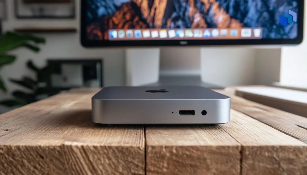 A sleek silver Apple Mac Mini placed on a wooden table with a monitor displaying macOS in the background.