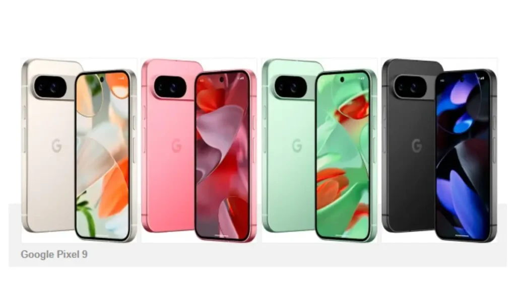 Four Google Pixel 9 smartphones in different colors are displayed side by side, showing front and back views: cream, pink, green, and black, each with a bezel-less screen and a dual-camera module.