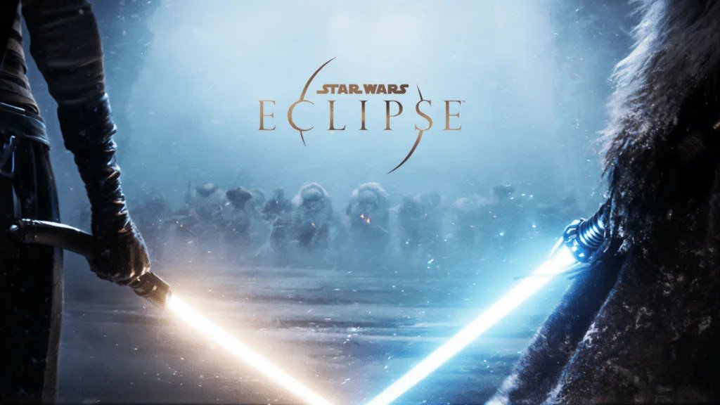 Promotional artwork for 'Star Wars Eclipse' featuring two figures holding lightsabers, one with a yellow blade and the other with a blue blade, against a snowy background with distant figures and the game title logo in the center.