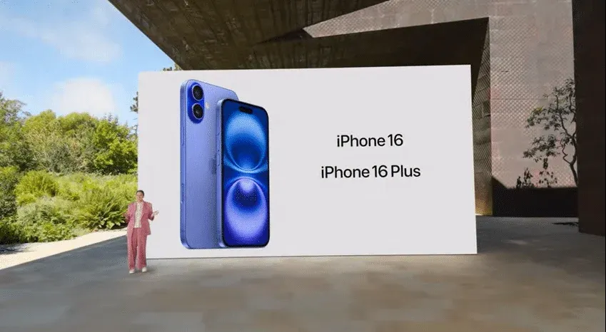 A presentation slide showing two angles of the iPhone 16 and iPhone 16 Plus in a blue color, with a person in a suit standing beside it outside in a modern architectural setting.