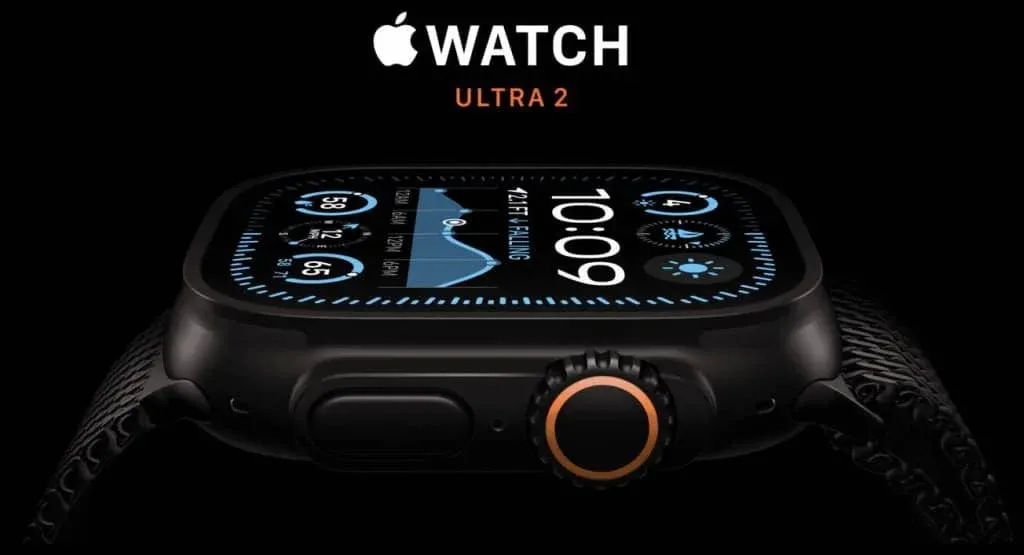 The Apple Watch Ultra 2 with a rugged design features a dark circular dial and various displays on the screen, such as time, date, and fitness stats, set against a black background.