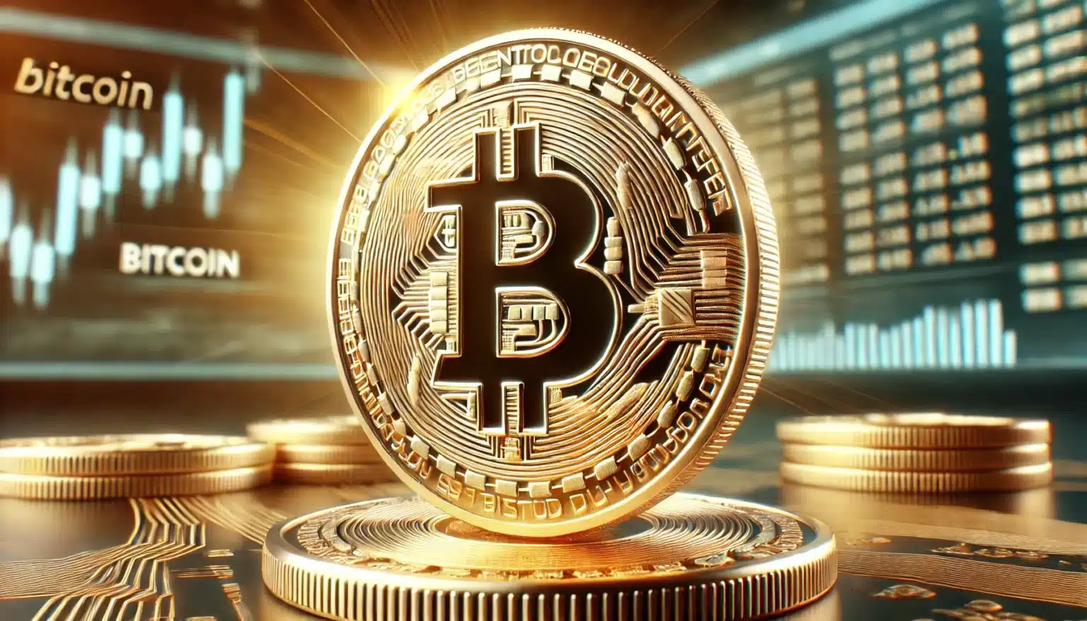 Close-up of a Bitcoin coin with a glowing background featuring digital trading charts and the word "Bitcoin."