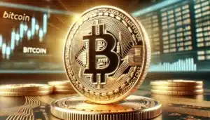 Close-up of a Bitcoin coin with a glowing background featuring digital trading charts and the word "Bitcoin."