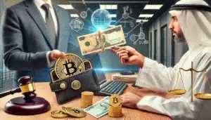 A digital illustration depicting a transaction involving cryptocurrency and fiat money between a man in a suit and a man in traditional attire. A gavel and scales symbolize legal aspects, while digital network icons suggest blockchain technology.