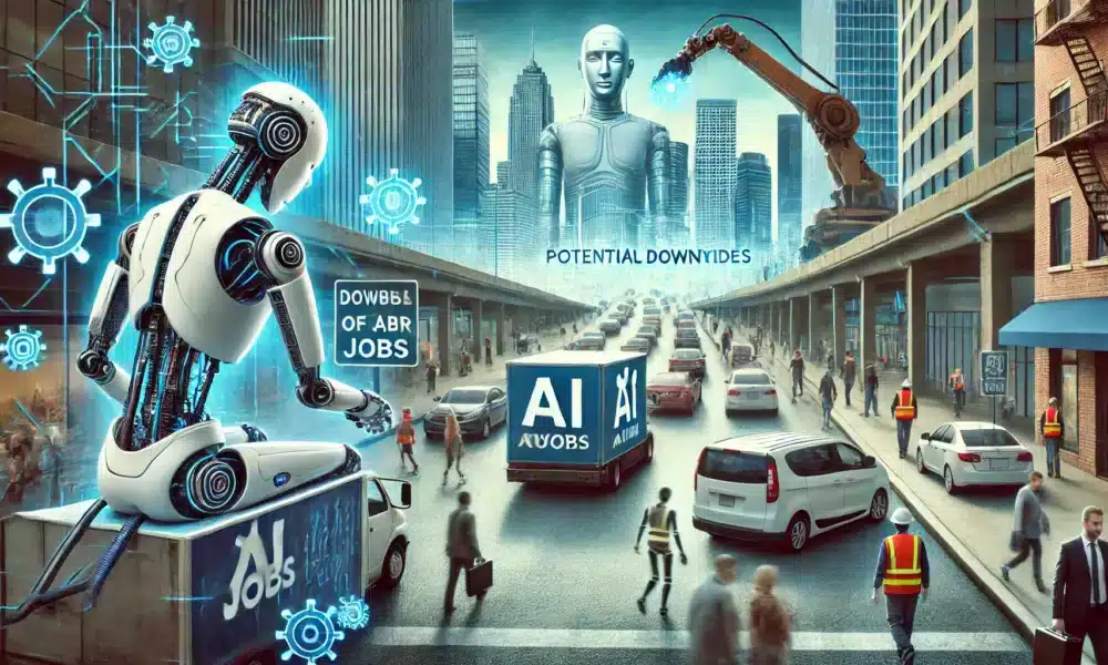 DALL·E 2024 09 10 13.33.57 A photo realistic image illustrating the potential downsides of an AI driven future. Show robots and AI technology taking over jobs leaving people un